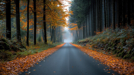 Poster - quiet autumn forest road lined with vibrant orange and yellow leaves, surrounded by tall trees and misty atmosphere, evokes sense of tranquility and peace