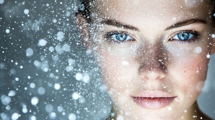 Poster - With an intent gaze, a young woman observes as digital animations and glowing components enhance her features, blending the innovative aspects of face ID technology with beauty in a contemporary