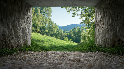 Poster - serene view of lush green landscape framed by tunnel entrance, showcasing vibrant trees and rolling hills in distance. sunlight filters through, creating peaceful atmosphere