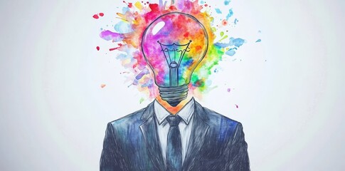 Poster - A businessperson's cranium is creatively transmuted into a resplendent light bulb, denoting ingenious and groundbreaking mentalities