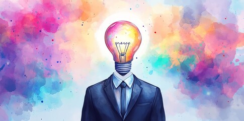 Poster - A businessperson is depicted with their head transformed into a vibrant light bulb, representing creativity and innovative thought