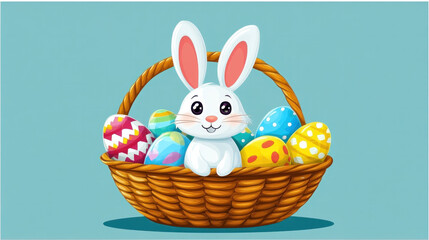 Poster - A rabbit is sitting in a basket full of Easter eggs. The basket is brown and the eggs are colorful