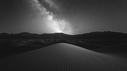 Milky way above a vast desert dune landscape at night.