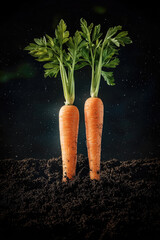Poster - Fresh carrots with green tops emerge from dark soil, showcasing their vibrant orange color and healthy leaves. This captures essence of nature bounty and beauty of organic produce