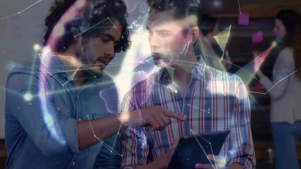 Poster - Two male colleagues reviewing tablet displaying holographic globe and network overlay for tech