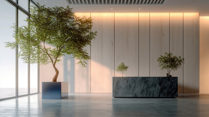 Poster - modern minimalist interior featuring spacious lobby with large windows, showcasing natural light. design includes prominent tree in planter and sleek reception desk, creating serene atmosphere