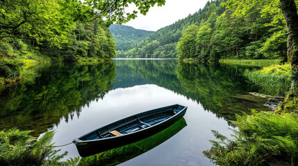 Poster - serene landscape featuring calm lake surrounded by lush green trees and mountains, with small boat gently floating on water surface, reflecting natural beauty