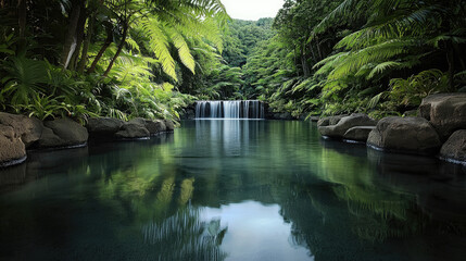 Poster - serene tropical garden featuring tranquil waterfall cascading into still pool, surrounded by lush greenery and vibrant foliage, creating peaceful and harmonious atmosphere