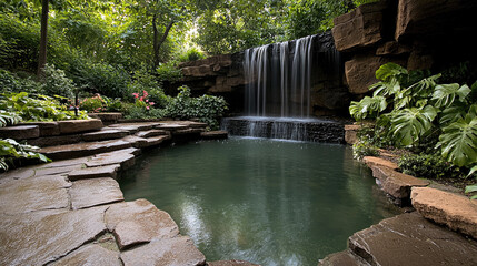 Poster - serene garden featuring tranquil waterfall cascading into peaceful pond surrounded by lush greenery and vibrant flowers, creating elegant and calming atmosphere