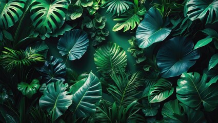 Poster - Dark Green Tropical Leaves Background with Lush Foliage and Leaf Texture