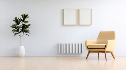 Poster - cozy and elegant modern living room featuring stylish yellow armchair, decorative indoor plant, and minimalist radiator against light wall, creating serene atmosphere