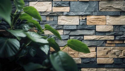 Poster - Green foliage against stone veneer backdrop