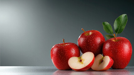 Poster - Fresh red apples with droplets of water, sliced apple, and green leaves create vibrant and appetizing display. contrast against dark background enhances their natural beauty