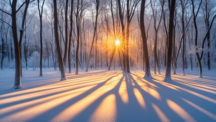 Poster - Golden sunlight filters through a peaceful snow-covered forest, creating long shadows and highlighting winter's beauty.