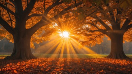 Poster - Autumn landscape bathed in golden sunbeams filtering through trees in a panoramic view