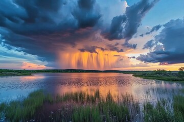 Poster - Sunset timelapse over lake with dramatic clouds and rain in the distance, Beautiful sunset timelapse with sky and running rain clouds on blue sky time lapse clip