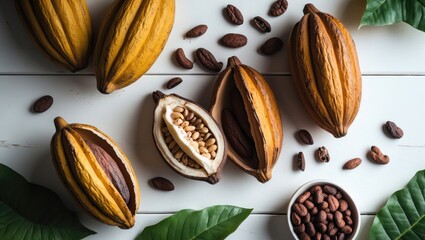Poster - Close-up of ripe cocoa pods and cut cocoa fruit showing dry brown beans with green leaf on white wooden surface