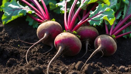 Poster - Freshly harvested red beets resting on soil under sunlight highlighting natural goodness and health of organic produce