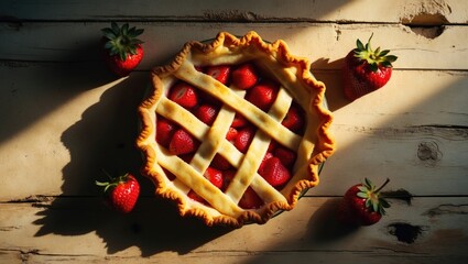 Poster - Delicious strawberry pie with a flaky crust on a rustic wooden table backdrop