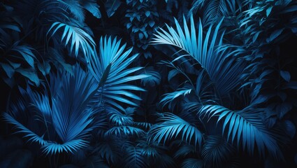 Poster - Blue Tropical Palm Leaf Background with Dark Tones