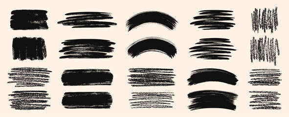 Poster - Brush chalk crayon charcoal pastel hand drawn vector strokes, paint stains, artistic textured backgrounds, text frames boxes set, collection. Grungy rectangles, uneven shapes, rough edges and texture.