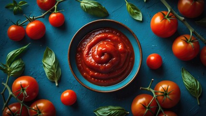 Poster - Tomato products including paste, sauce, and ketchup with cherry tomatoes and basil from a top view