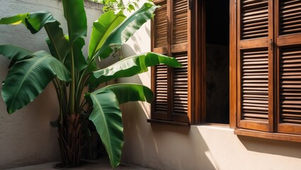 Poster - Vintage house design with wooden windows and lush banana plant in sunlight