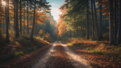 Poster - Serene autumn forest trail bathed in sunlight with shimmering sky overhead