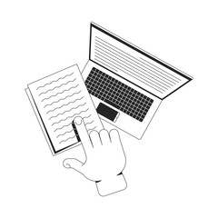 Fototapete - Study data line onboarding ui illustration. Document processing, digitization. E-learning. Finger pointing at paperwork with laptop outline 2D concept isolated. Ink linear metaphor vector art