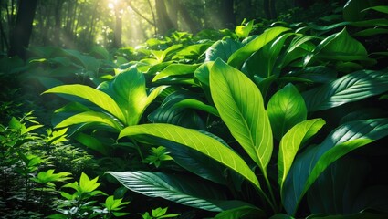 Poster - Close-up of vibrant green foliage with detailed veins, bathed in sunlight, featuring creeping tuber plants thriving in the forest