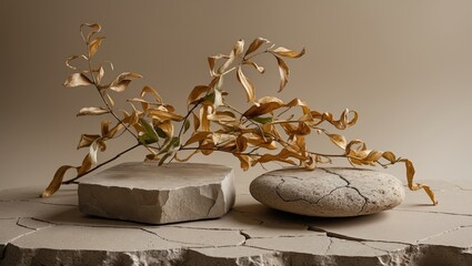 Leinwandbilder - Autumn-inspired product display featuring cracked stone and tropical dry leaves on a natural beige background in a minimalist studio setting