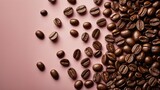 Pattern of coffee beans on a pink background with geometric and abstract textures