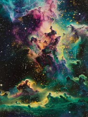 Poster - A celestial scene depicting the birth of a new galaxy, with swirling clouds of colorful cosmic dust in greens, pinks, and blues