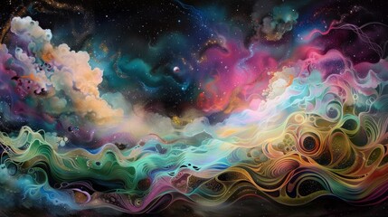 Poster - A celestial scene depicting the birth of a new galaxy, with swirling clouds of colorful cosmic dust in greens, pinks, and blues