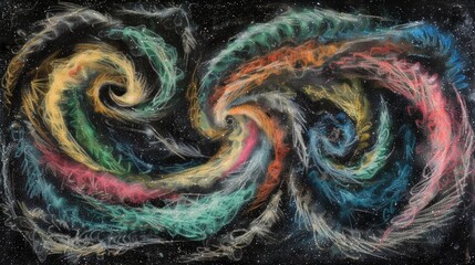 Poster - A celestial scene depicting the birth of a new galaxy, with swirling clouds of colorful cosmic dust in greens, pinks, and blues