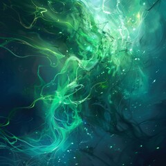 Poster - minimalist style, metallic greens and blues, powered by mysterious glowing energy