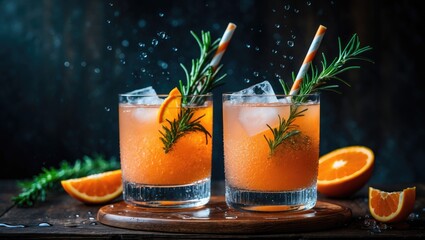 Poster - Two cocktail glasses with water droplets showcasing sweet and slightly bitter flavors with sparkling fizz against a dark background with backlighting.
