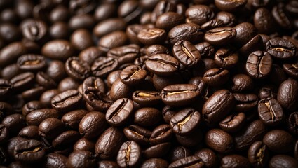 Poster - Close-up of fresh roasted coffee beans highlighting aroma and texture for food and cafe backgrounds