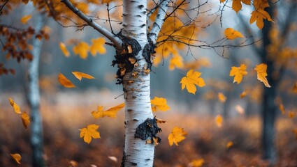 Poster - Birch Tree Branch with White Bark and Autumn Leaves in a Natural Park Scene