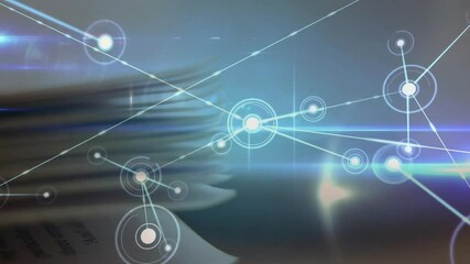 Poster - glowing digital network moving above blurred paper layers showing connected nodes and lens flare
