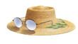 © yanapopovaiv - A circular straw hat with wide brim is paired with round sunglasses, creating a chic summer accessory ideal for beach trips, picnics, or casual outings