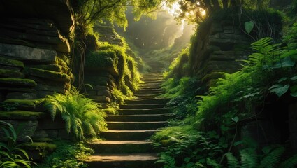 Poster - Ancient stone steps amidst lush greenery in a tranquil landscape
