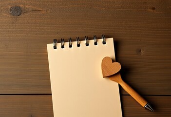 Wall Mural - Rustic kraft notepad, pen, wooden heart on wood Plenty of copy space, texture, wooden heart