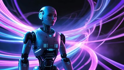 Poster - Futuristic AI robot illuminated by vibrant light trails
