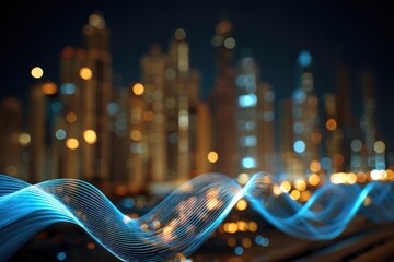 Poster - futuristic city at night with glowing waves