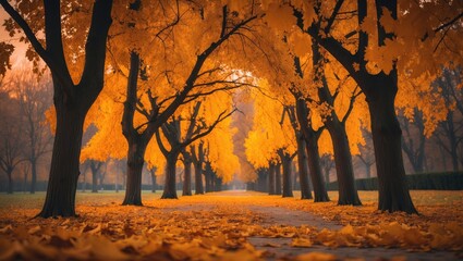 Poster - Autumn Scene with Yellow Leaves Falling at Sunset