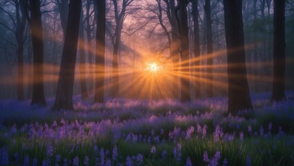 Poster - Beautiful sunrise illuminating bluebell woods and trees with sunrays and wildflowers in springtime