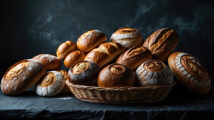 Poster - Assorted bread varieties on a dark surface with a bakery theme, close-up shot and space for text.