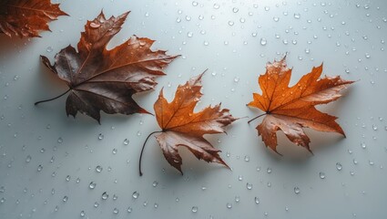 Poster - Vibrant autumn leaves featuring water droplets on a natural background