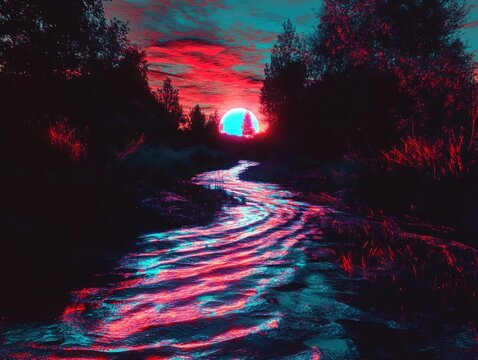 Curving glitch ripple element on a glowing stream backdrop